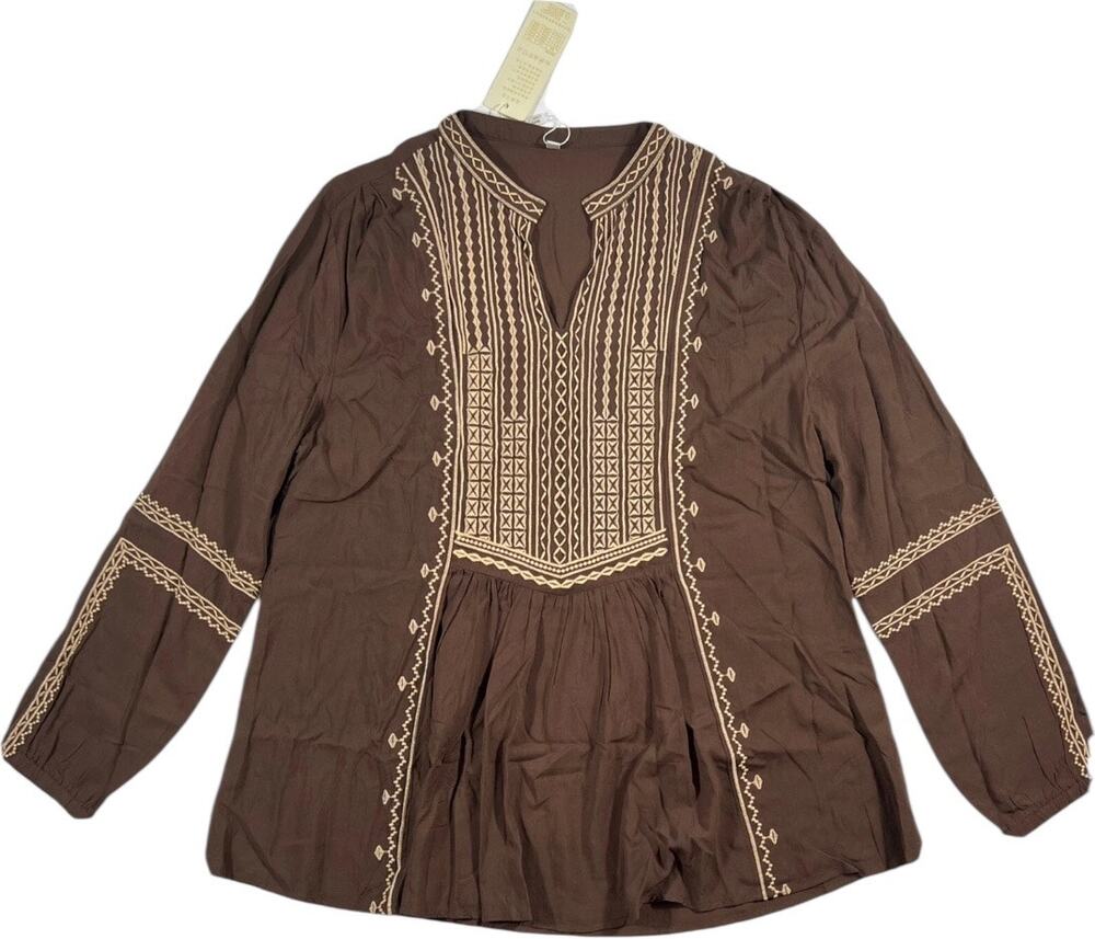 Komili Brown Boho Embroidered Peasant Tunic Top, Folk Babydoll, Plus Size 2X